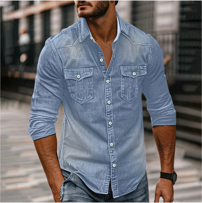 Men's Denim Shirt - Slim Fit with Snap Buttons - Light Blue