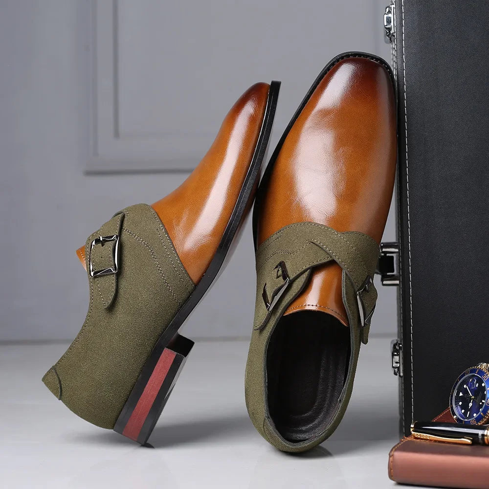 Men's Double Monk Strap Loafers - Breathable Vegan Leather - Green