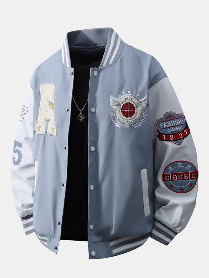 Men's Embroidered Varsity Bomber Jacket in light blue, Relaxed Fit
