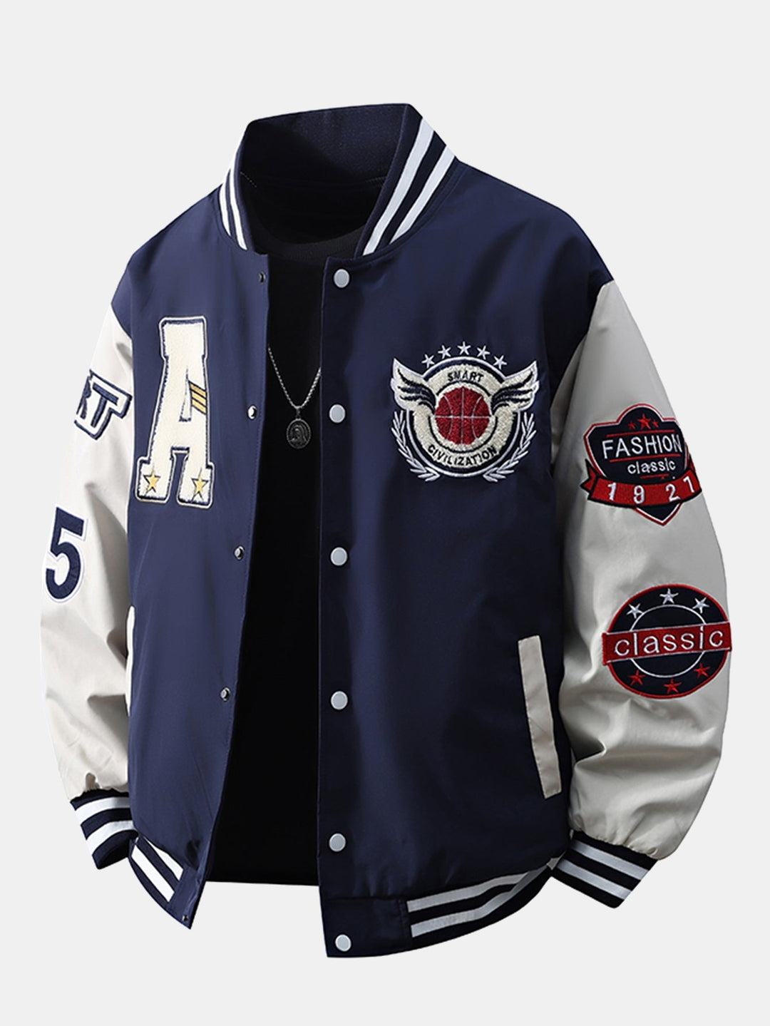 Men's Embroidered Varsity Bomber Jacket in navy, Relaxed Fit