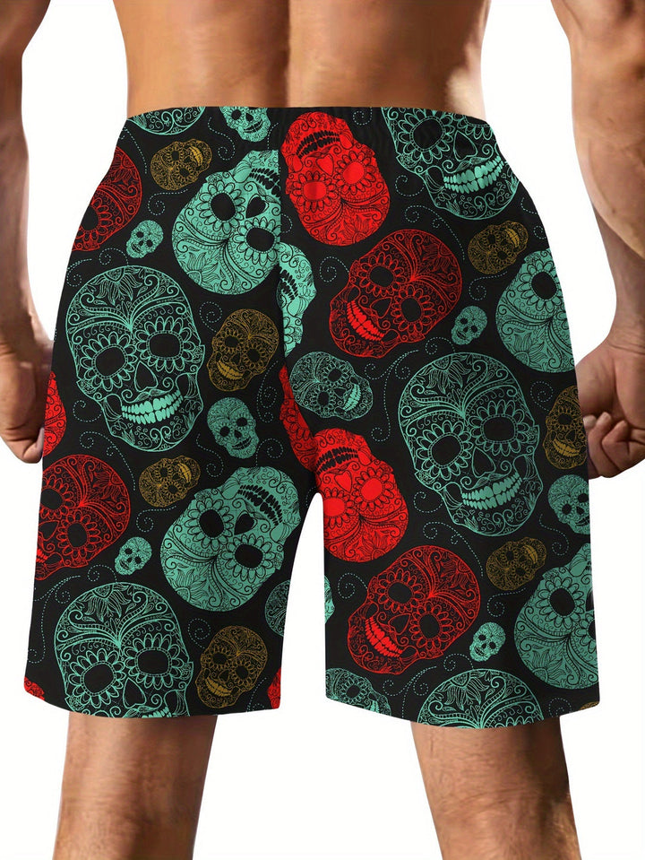 Men's Ethnic Skull Print Boardshorts - Drawstring & Pockets