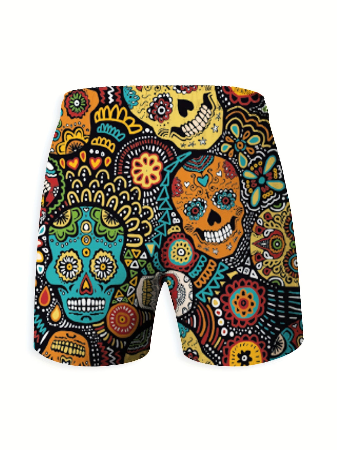 Men's Ethnic Skull Print Boardshorts - Drawstring & Pockets