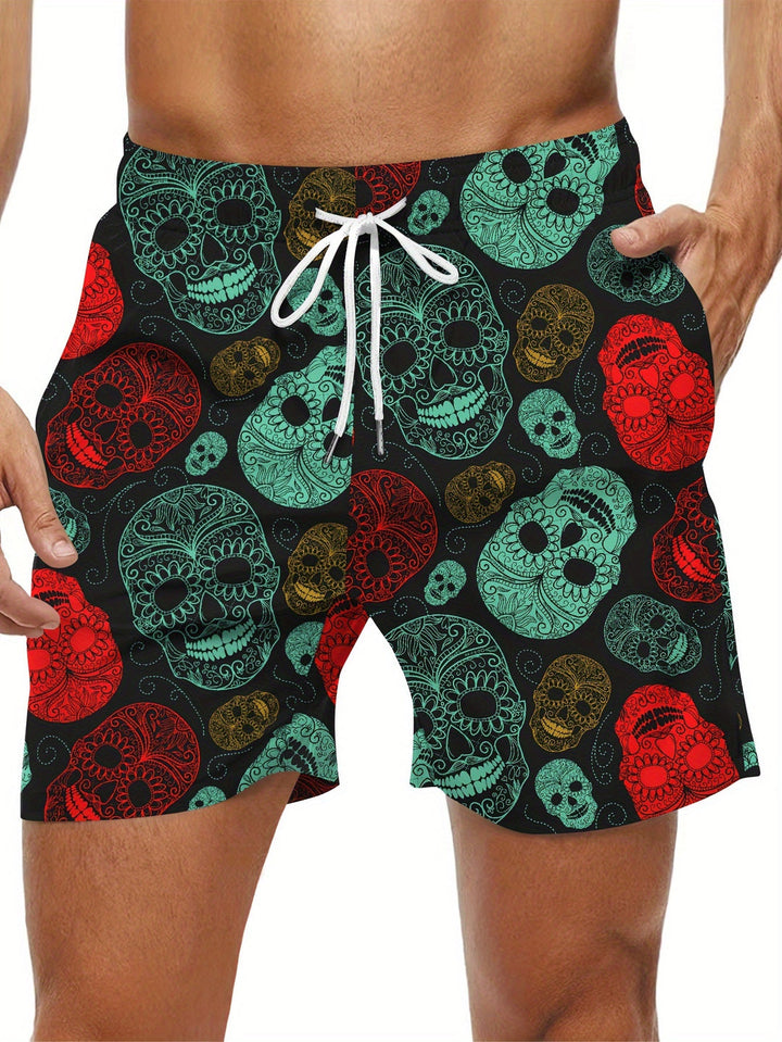 Men's Ethnic Skull Print Boardshorts - Drawstring & Pockets - Green 2