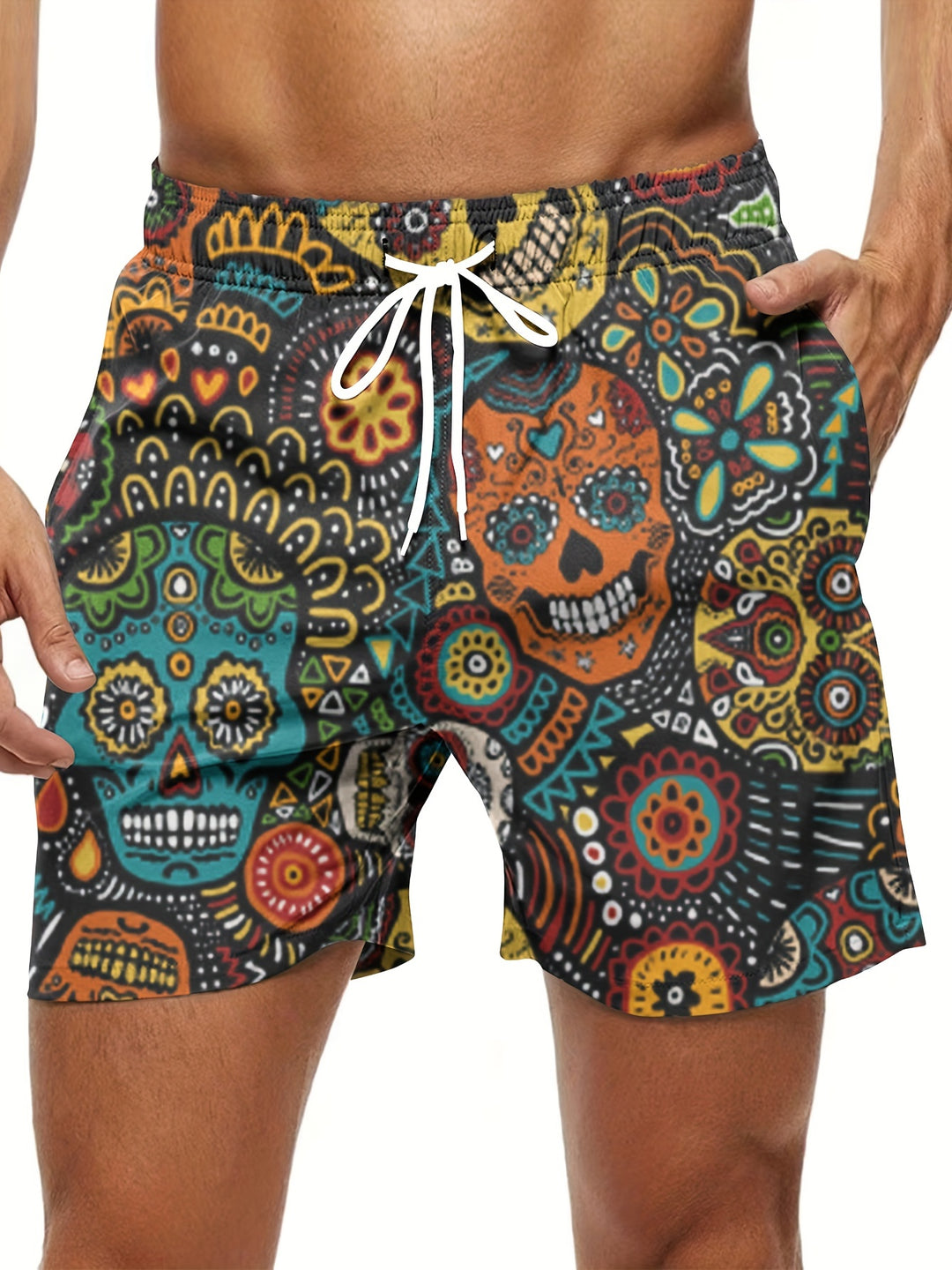 Men's Ethnic Skull Print Boardshorts - Drawstring & Pockets - Green