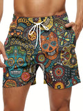 Men's Ethnic Skull Print Boardshorts - Drawstring & Pockets