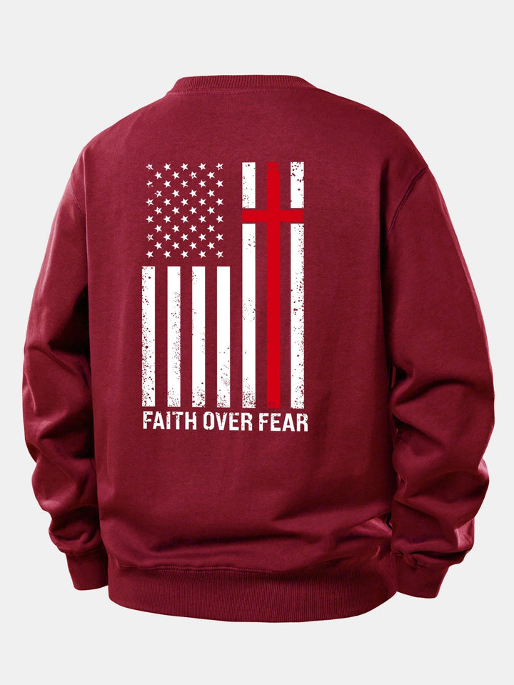 Men's Faith Over Fear Slogan Print Sweatshirt – Relaxed Fit Crew Neck - Wine Red