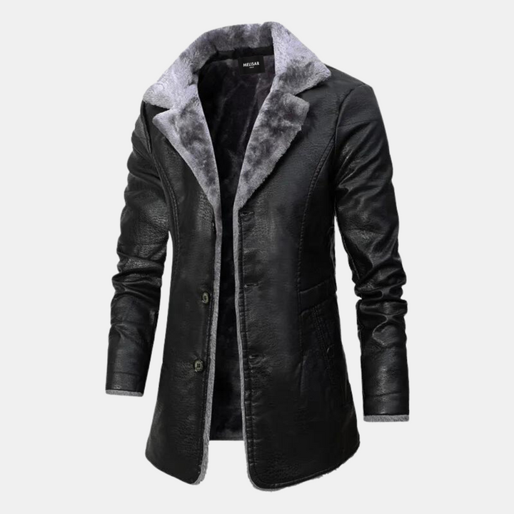 Men's Faux Leather Bomber Jacket with Sherpa Fleece Lining - Black