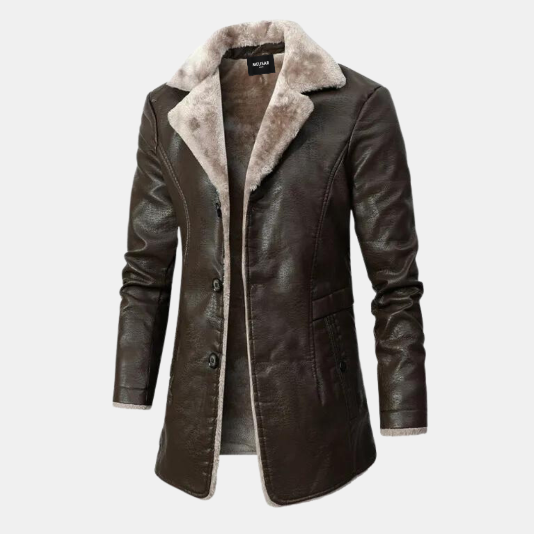 Men's Faux Leather Bomber Jacket with Sherpa Fleece Lining - Brown
