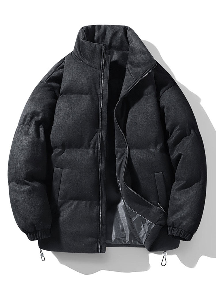 Men's Faux Suede Puffer Jacket in black, Padded Funnel Neck Winter Coat