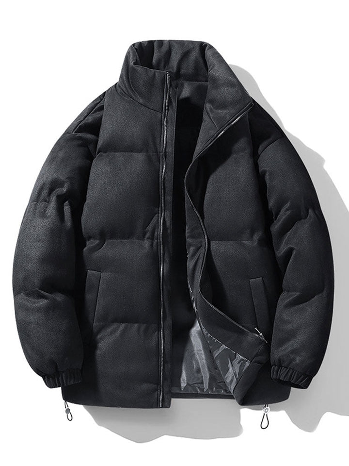 Men's Faux Suede Puffer Jacket in black, Padded Funnel Neck Winter Coat