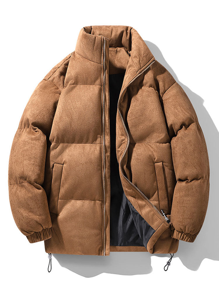 Men's Faux Suede Puffer Jacket in brown, Padded Funnel Neck Winter Coat