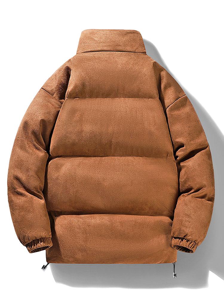 Men's Faux Suede Puffer Jacket - Padded Funnel Neck Winter Coat
