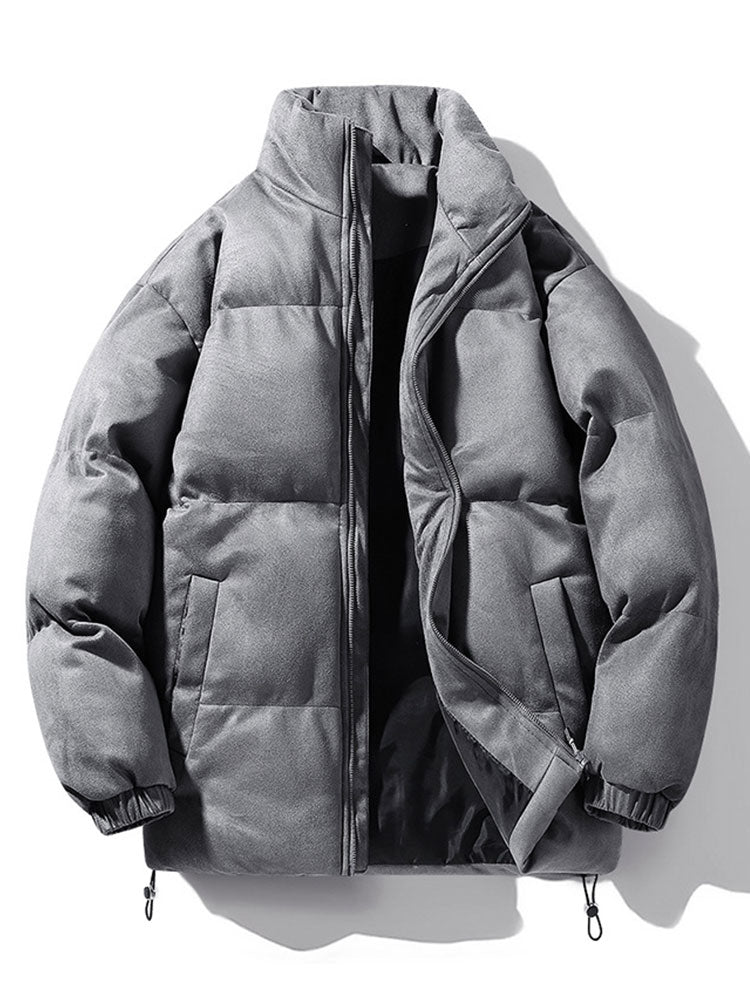 Men's Faux Suede Puffer Jacket in grey, Padded Funnel Neck Winter Coat