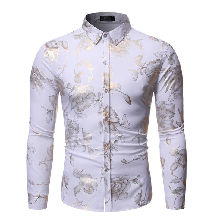 Men's Floral Print Long Sleeve Shirt - Party & Casual - White