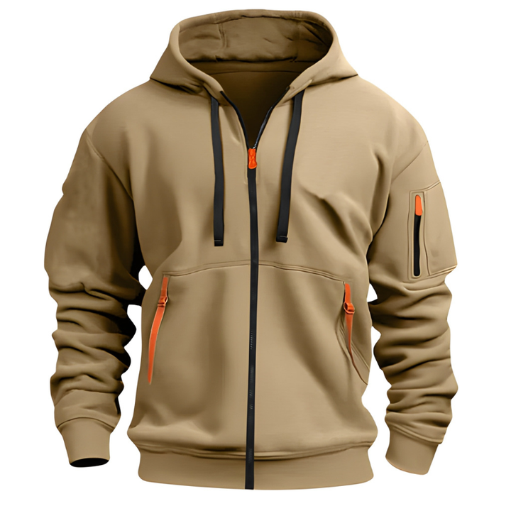 Men's Full-Zip Hoodie - Casual Athletic Sweatshirt - Khaki
