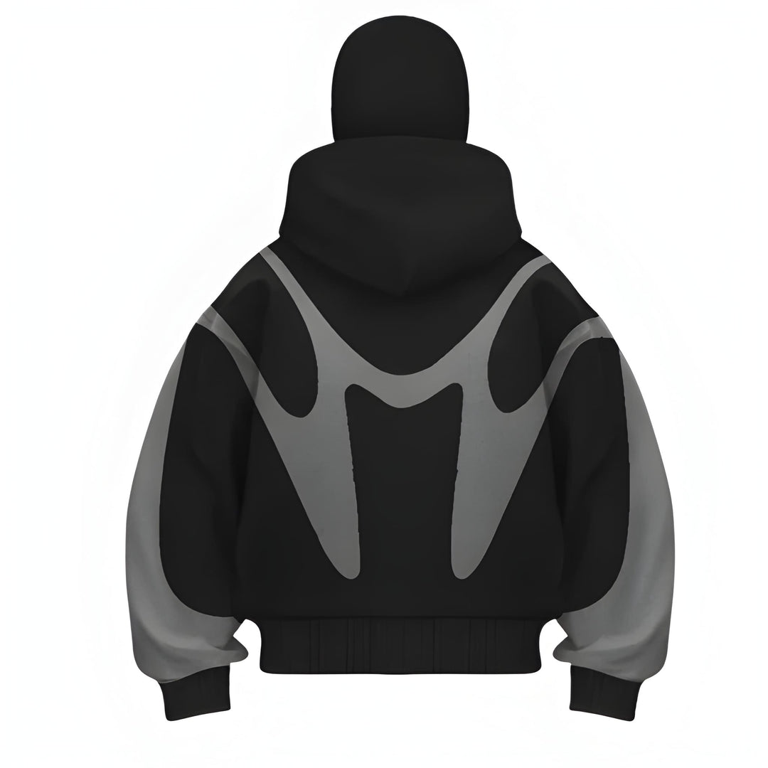 Men's Full-Zip Hoodie with Graphic Design - Modern Streetwear - Black-Grey