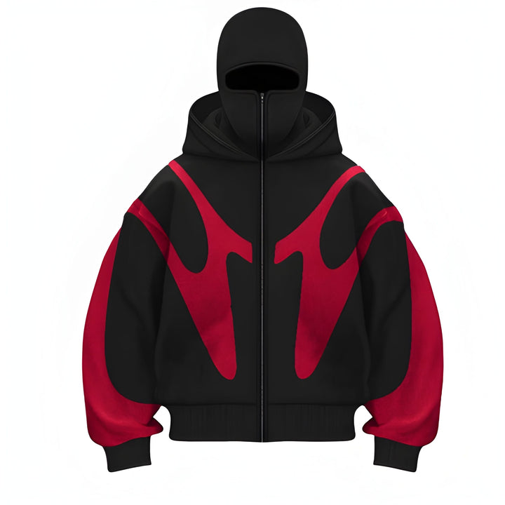 Men's Full-Zip Hoodie with Graphic Design - Modern Streetwear - Red-Black