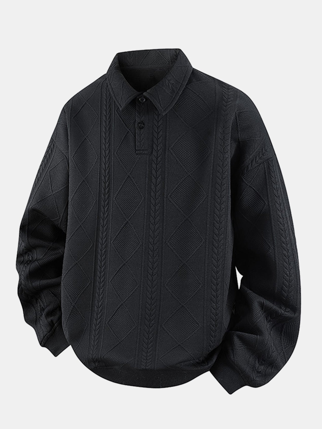 Men's Geometric Jacquard Polo Sweatshirt in black, Relaxed Fit Diamond Pattern