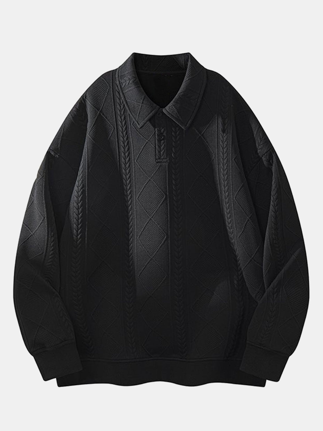 Men's Geometric Jacquard Polo Sweatshirt in black, Relaxed Fit Diamond Pattern