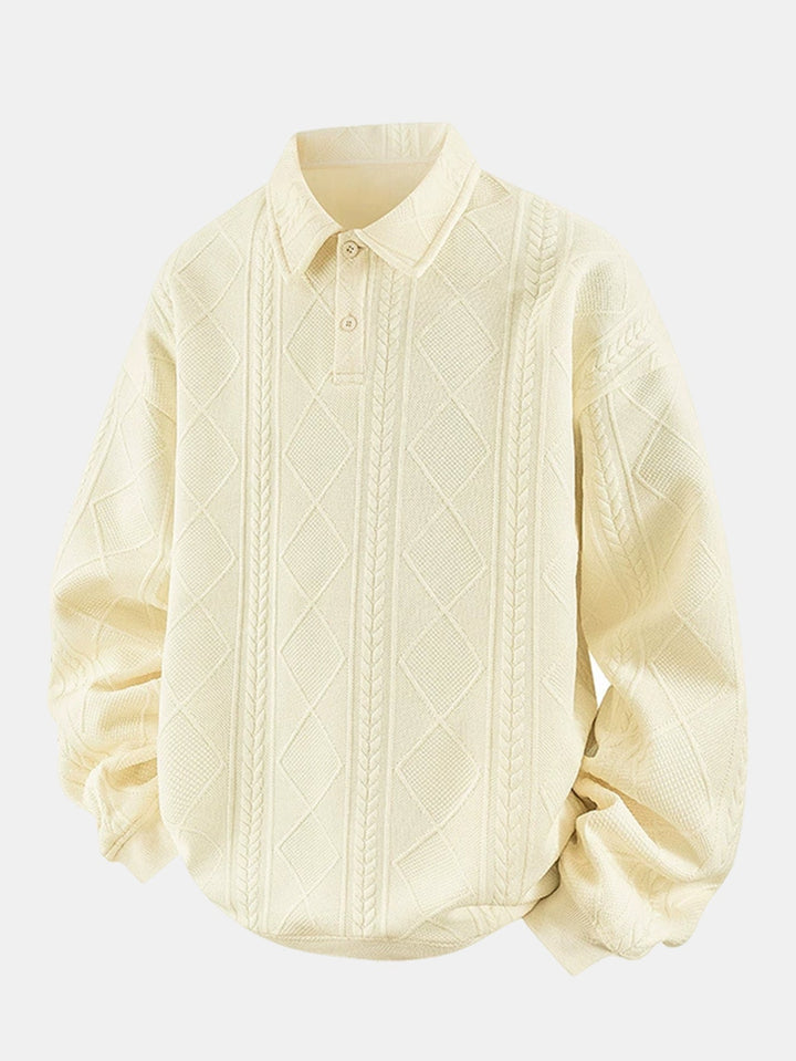 Men's Geometric Jacquard Polo Sweatshirt in cream, Relaxed Fit Diamond Pattern