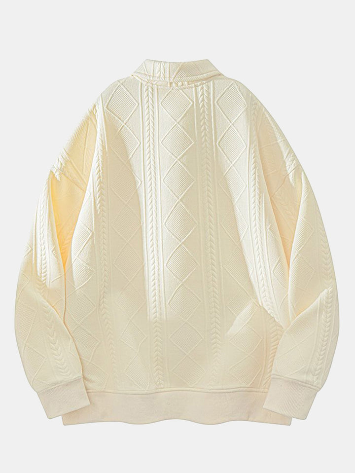 Men's Geometric Jacquard Polo Sweatshirt in cream, Relaxed Fit Diamond Pattern