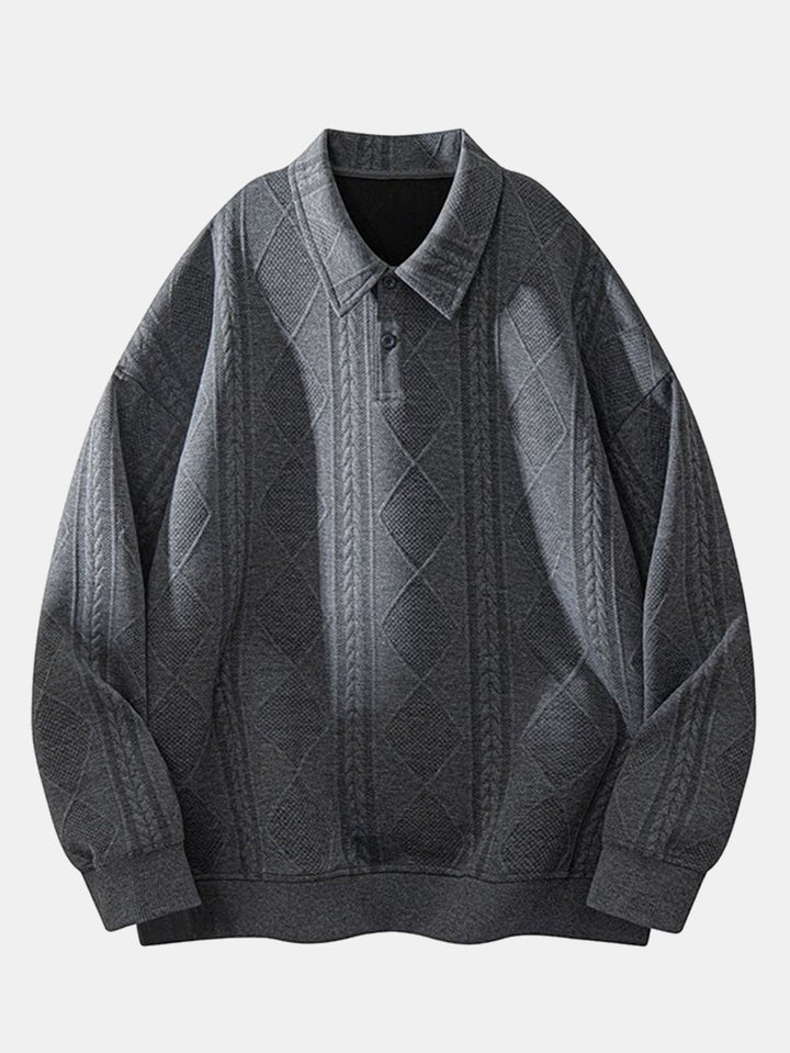 Men's Geometric Jacquard Polo Sweatshirt in dark grey, Relaxed Fit Diamond Pattern