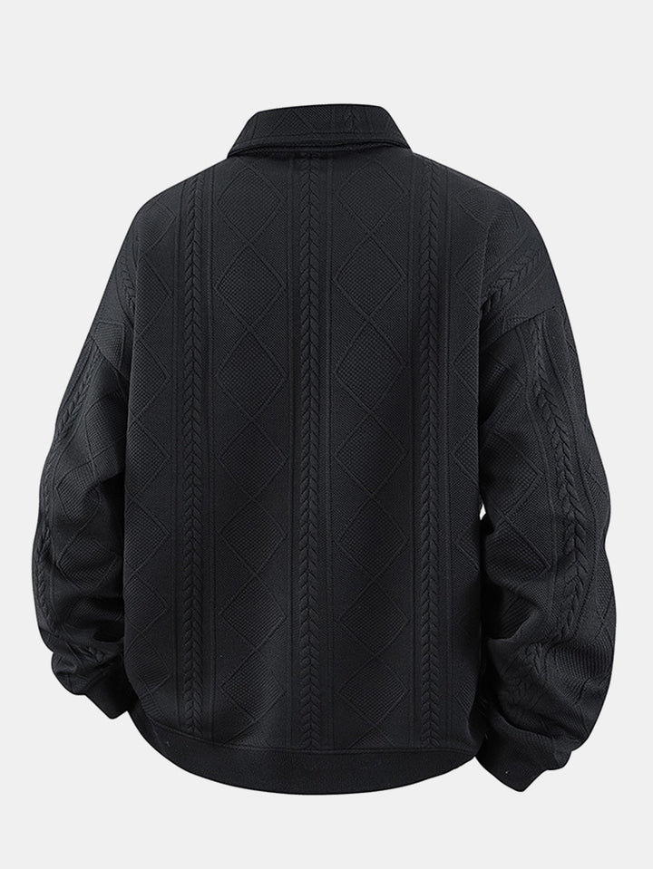 Men's Geometric Jacquard Polo Sweatshirt - Relaxed Fit Diamond Pattern