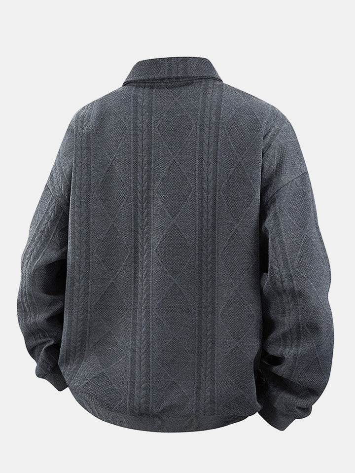 Men's Geometric Jacquard Polo Sweatshirt - Relaxed Fit Diamond Pattern