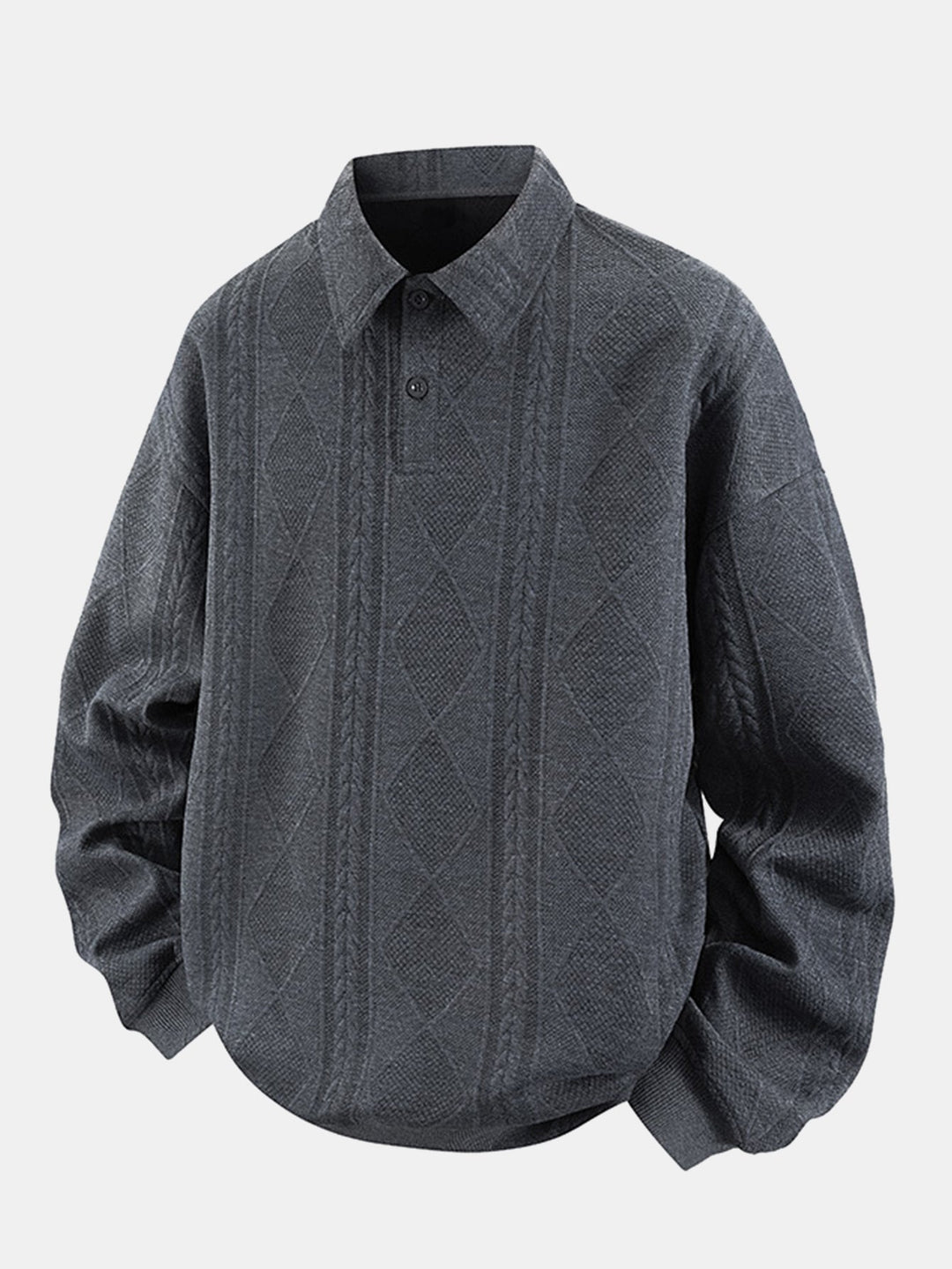 Men's Geometric Jacquard Polo Sweatshirt in grey, Relaxed Fit Diamond Pattern