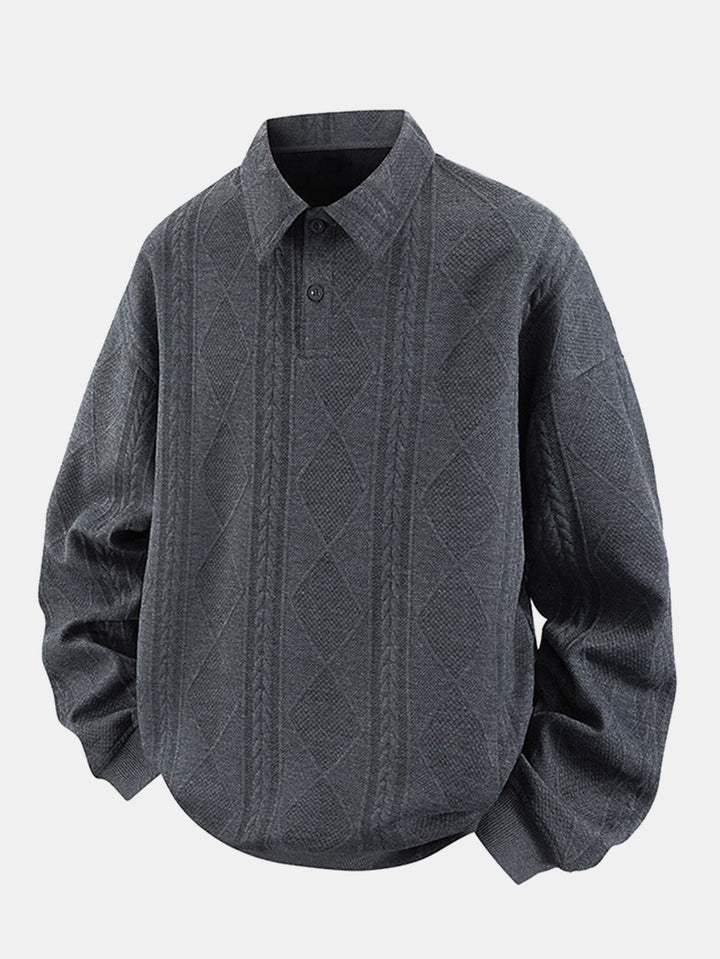 Men's Geometric Jacquard Polo Sweatshirt in grey, Relaxed Fit Diamond Pattern
