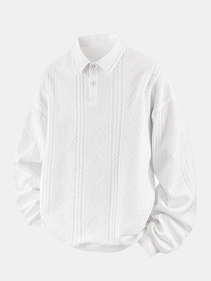 Men's Geometric Jacquard Polo Sweatshirt in white, Relaxed Fit Diamond Pattern