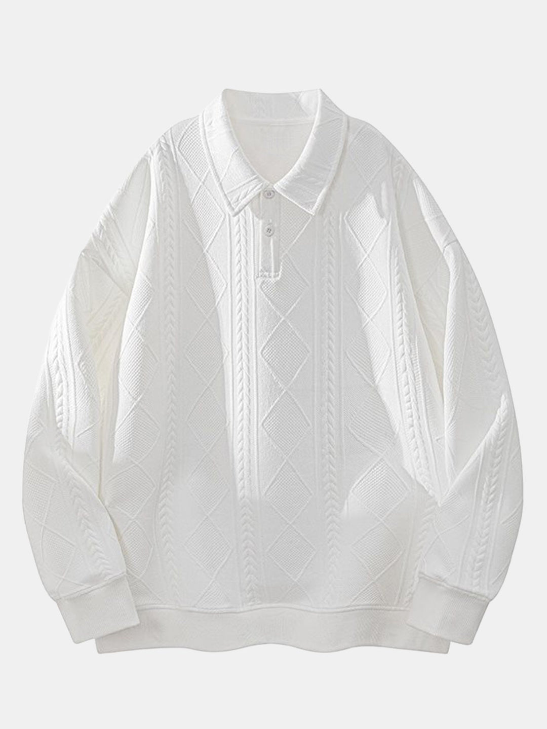 Men's Geometric Jacquard Polo Sweatshirt in white, Relaxed Fit Diamond Pattern