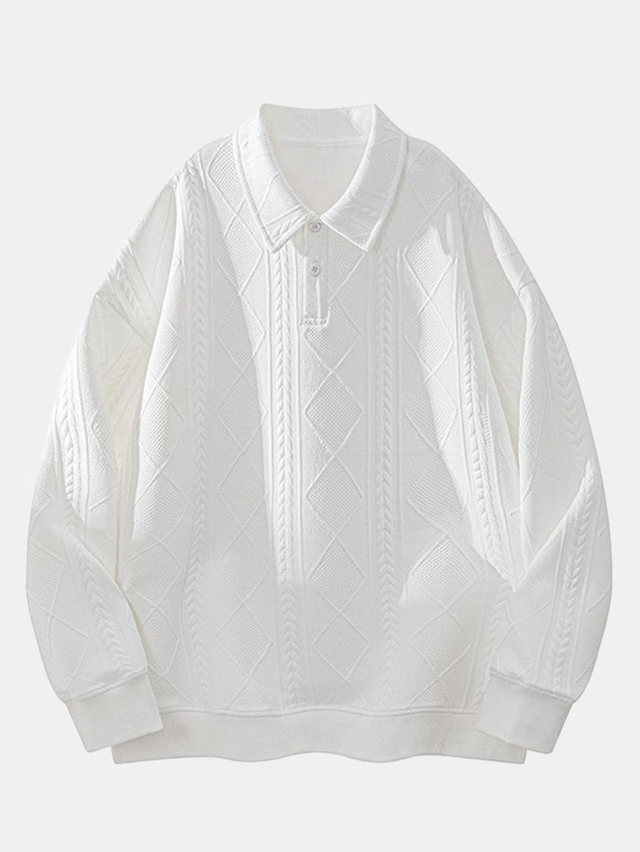 Men's Geometric Jacquard Polo Sweatshirt in white, Relaxed Fit Diamond Pattern