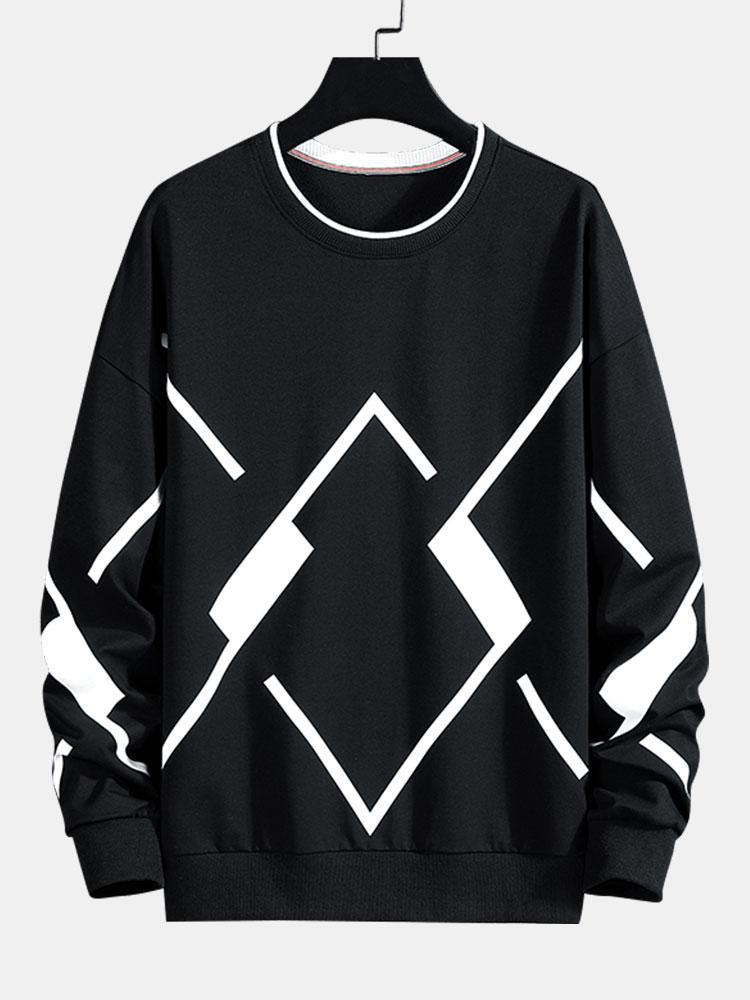 Men's Geometric Print Crew Neck Sweatshirt in black, Relaxed Fit