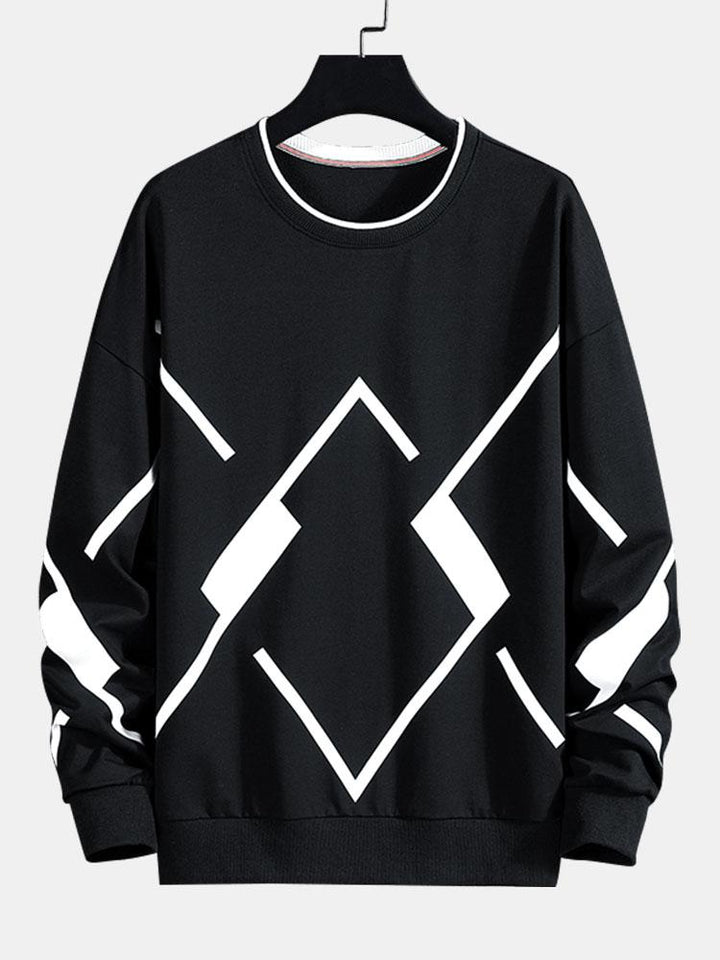Men's Geometric Print Crew Neck Sweatshirt in black, Relaxed Fit