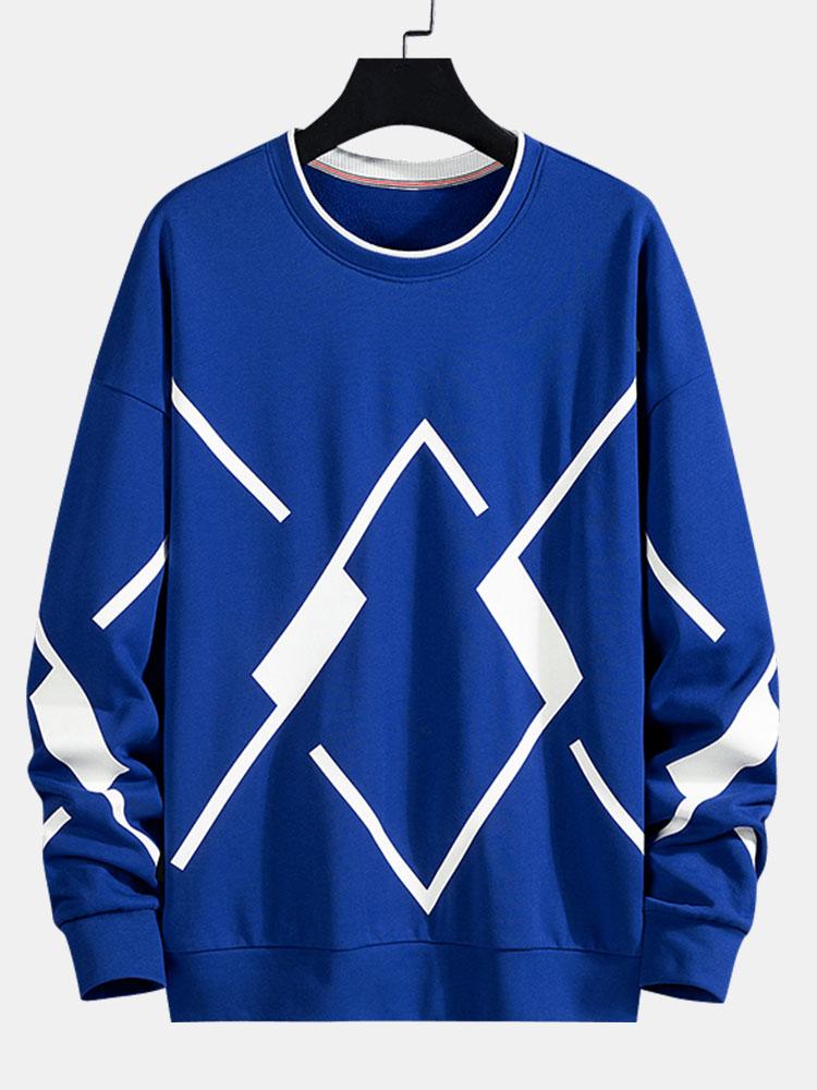 Men's Geometric Print Crew Neck Sweatshirt in blue, Relaxed Fit