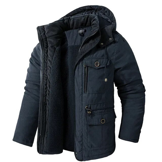Men's Half-Length Winter Parka Jacket with Hood - Blue
