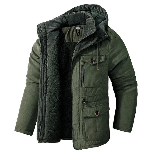 Men's Half-Length Winter Parka Jacket with Hood - Green