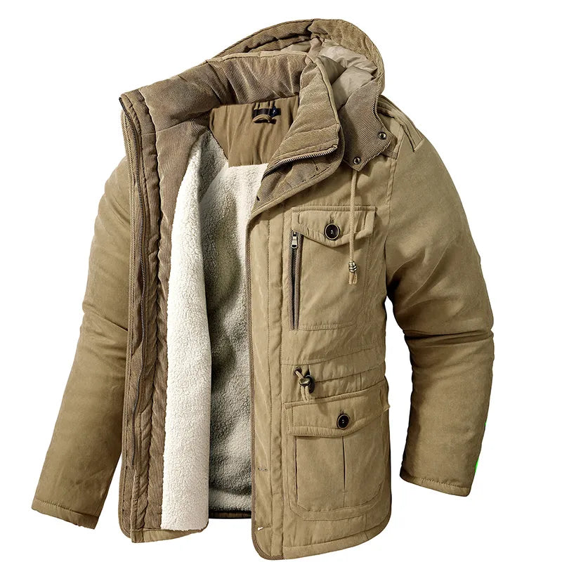 Men's Half-Length Winter Parka Jacket with Hood - Khaki