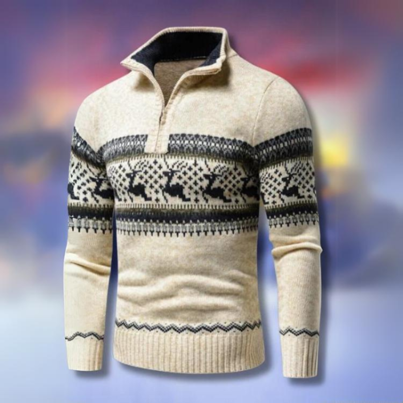 Men's Half Zip Fair Isle Sweater - Winter Knit - Beige