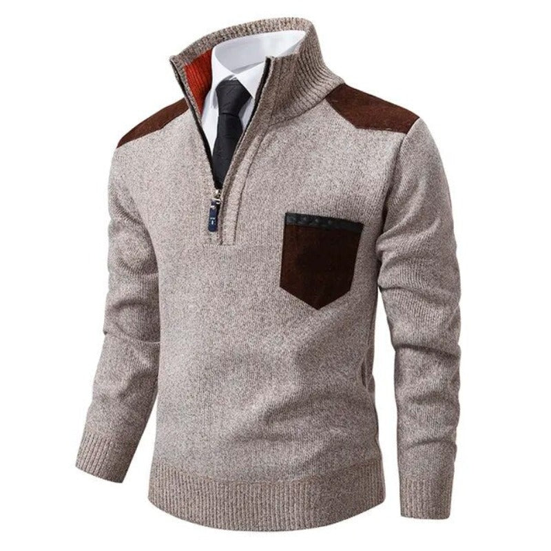Men's Half Zip Sweater – Fine Knit Crew Neck - Beige