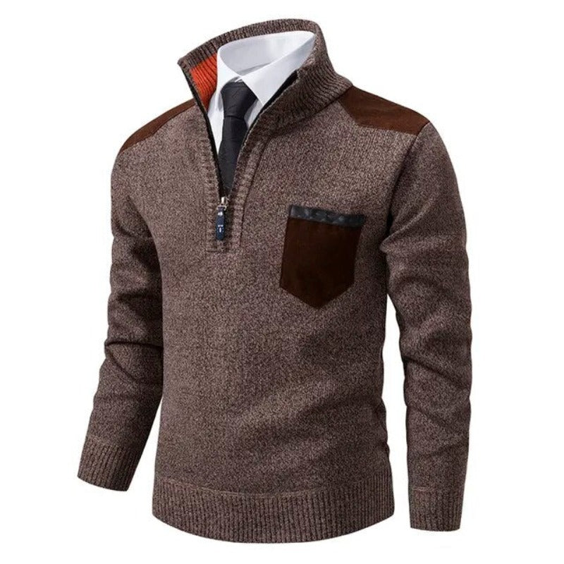 Men's Half Zip Sweater – Fine Knit Crew Neck - Brown