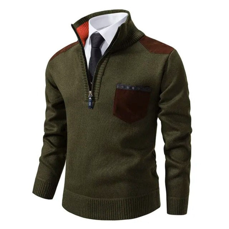Men's Half Zip Sweater – Fine Knit Crew Neck - Green
