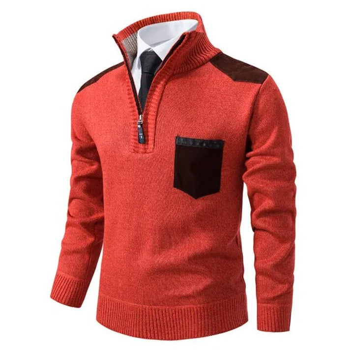 Men's Half Zip Sweater – Fine Knit Crew Neck - Orange