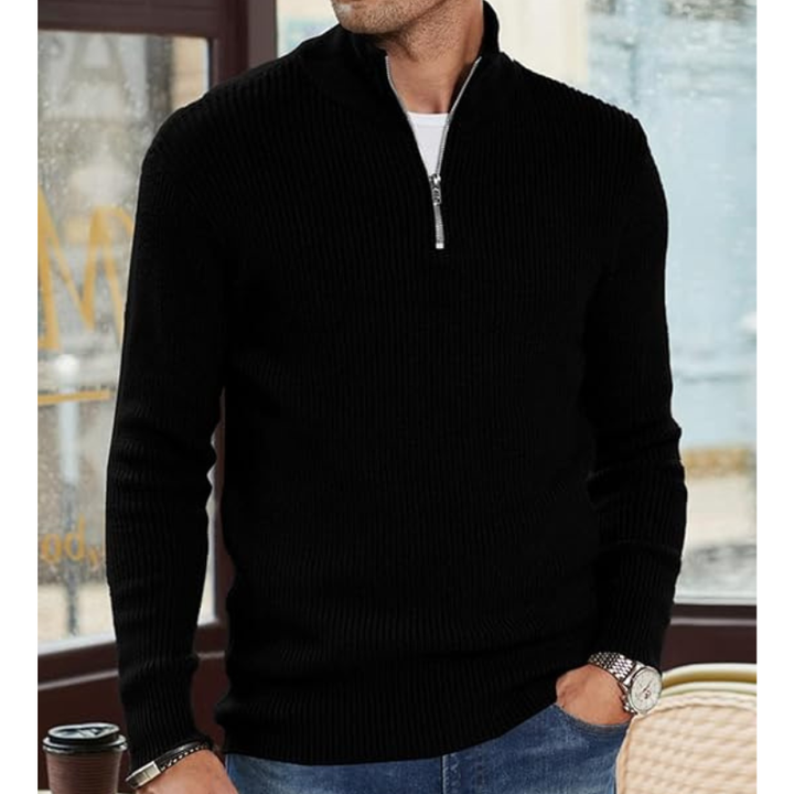 Men's Half-Zip Sweater - Warm Knit Pullover - Black