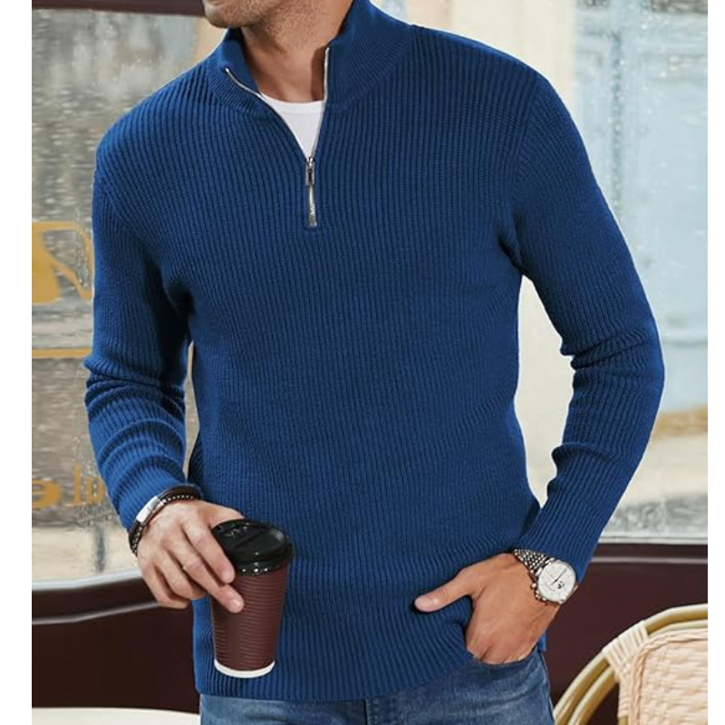 Men's Half-Zip Sweater - Warm Knit Pullover - Blue