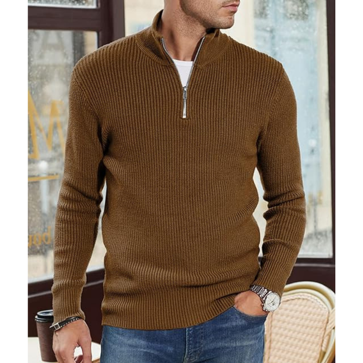 Men's Half-Zip Sweater - Warm Knit Pullover - Brown