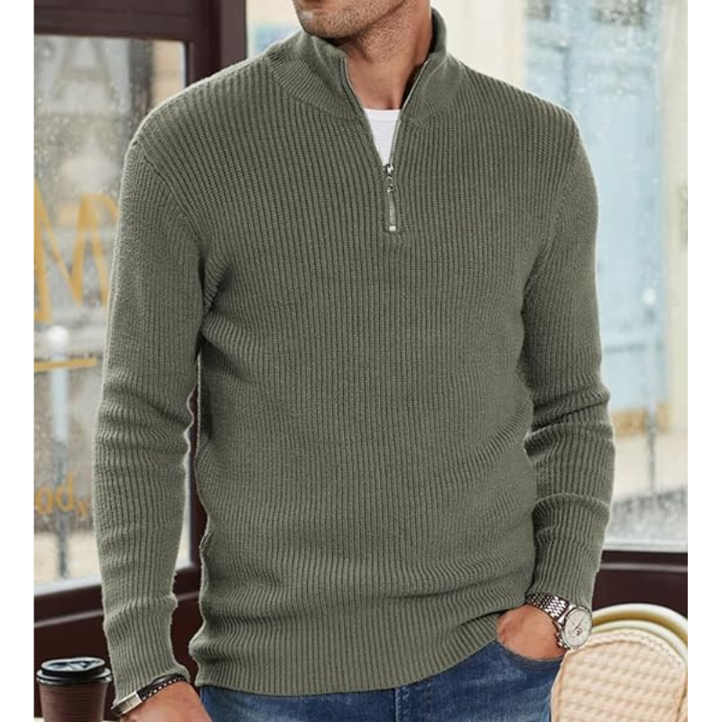Men's Half-Zip Sweater - Warm Knit Pullover - Green