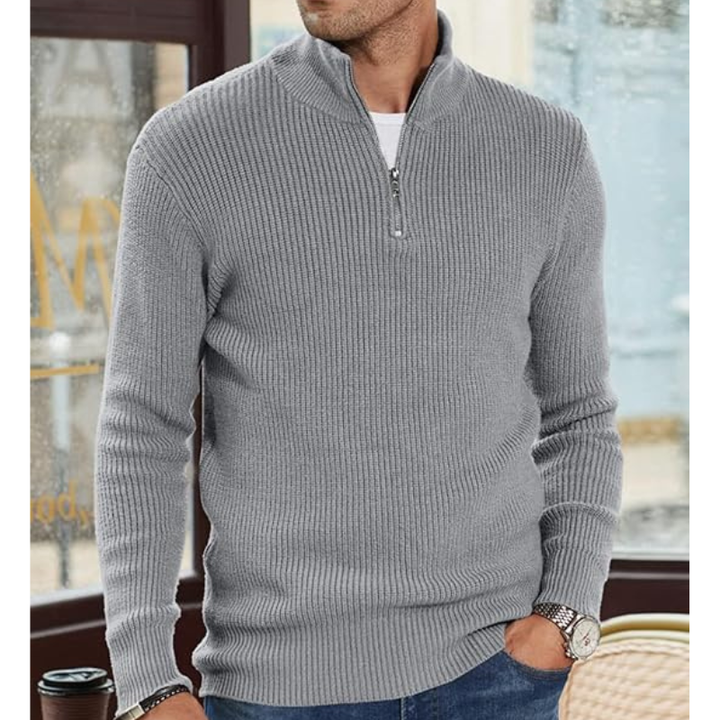 Men's Half-Zip Sweater - Warm Knit Pullover - Grey
