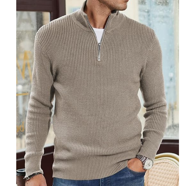 Men's Half-Zip Sweater - Warm Knit Pullover - Khaki